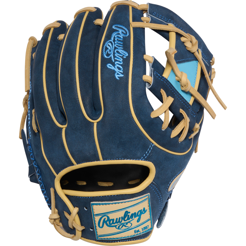 The Rawlings Heart of the Hide 11.5" Baseball Glove (PROR314-2XDN) features a blue design with tan laces and trim, plus light blue Rawlings logos and patches on the back and wrist strap.