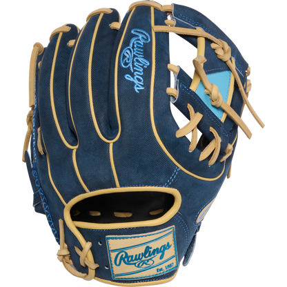 The Rawlings Heart of the Hide 11.5" Baseball Glove (PROR314-2XDN) features a blue design with tan laces and trim, plus light blue Rawlings logos and patches on the back and wrist strap.