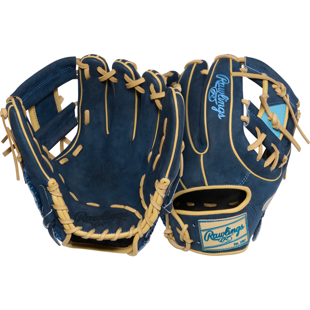 Two Rawlings Heart of the Hide 11.5" PROR314-2XDN infield gloves are shown—one palm up and one showing the back with Rawlings patches and tan laces, both in blue and tan.