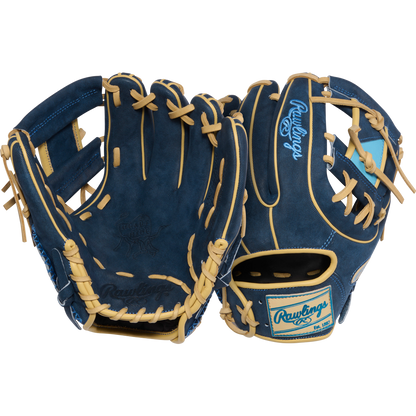 Two Rawlings Heart of the Hide 11.5" PROR314-2XDN infield gloves are shown—one palm up and one showing the back with Rawlings patches and tan laces, both in blue and tan.