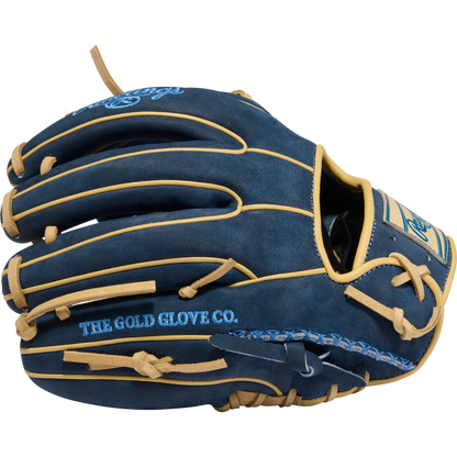 The Rawlings Heart of the Hide 11.5" Baseball Glove (PROR314-2XDN) features a dark blue design with tan laces and trim, light blue "THE GOLD GLOVE CO." embroidery, plus decorative stitching and branding on the interior.