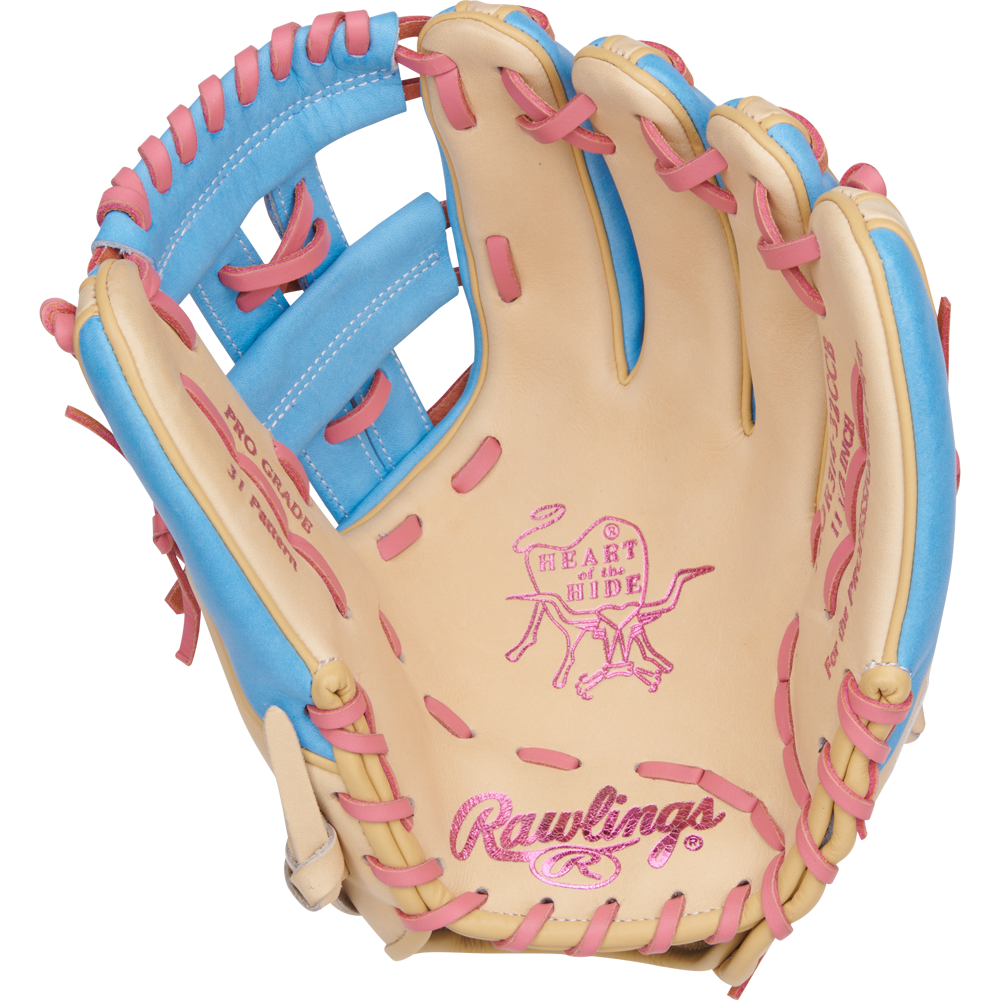 The Rawlings Heart of the Hide 11.5" Baseball Glove (PROR314-32CCB) features pink stitching, blending premium style and performance for dedicated players.