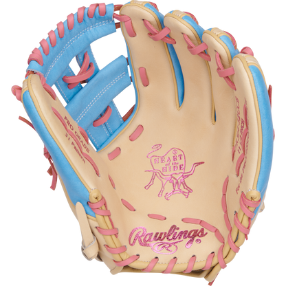 The Rawlings Heart of the Hide 11.5" Baseball Glove (PROR314-32CCB) features pink stitching, blending premium style and performance for dedicated players.