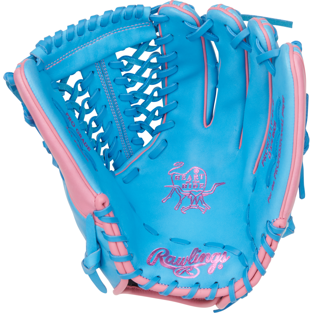 The Rawlings Heart of the Hide 12.75" Baseball Glove (PROR3319-4CB) features a blue and pink design and premium Rawlings craftsmanship.