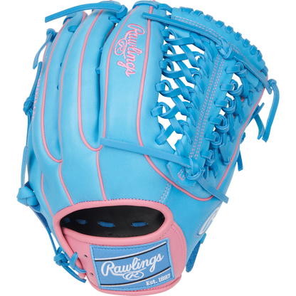 The Rawlings Heart of the Hide 12.75" Baseball Glove (PROR3319-4CB) is a bright blue outfield glove with pink accents, pink logo on the glove and wrist strap, plus blue laces throughout.