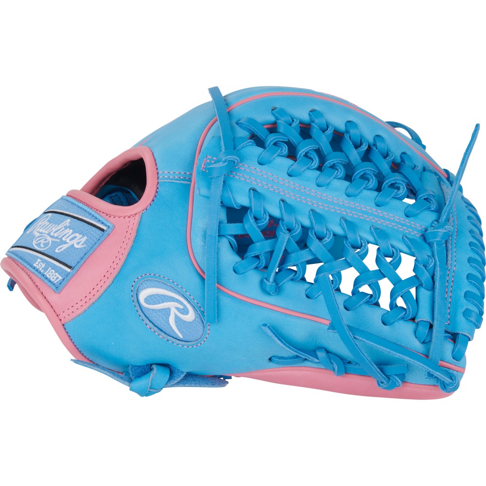 The Rawlings Heart of the Hide 12.75" Baseball Glove (PROR3319-4CB) features blue and pink accents, an open web design, iconic Rawlings logo, and decorative laces—perfect for outfielders seeking style and performance.