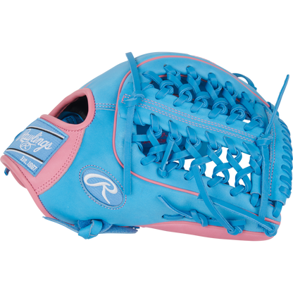 The Rawlings Heart of the Hide 12.75" Baseball Glove (PROR3319-4CB) features blue and pink accents, an open web design, iconic Rawlings logo, and decorative laces—perfect for outfielders seeking style and performance.