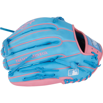 The Rawlings Heart of the Hide 12.75" Baseball Glove (PROR3319-4CB) features bright blue leather, pink accents and stitching, a logo patch, THE GOLD GLOVE CO. text, and a white MLB silhouette on the side.