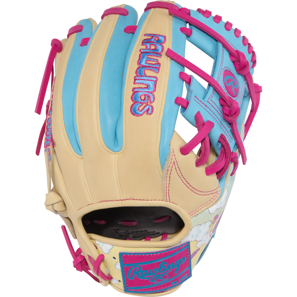 The Rawlings Heart of the Hide Icon Fest 11.5" Baseball Glove (PROR934-2CBE) features beige, blue, and pink premium steerhide leather with bright pink laces, pastel blue accents, and playful cloud embroidery near the wrist.