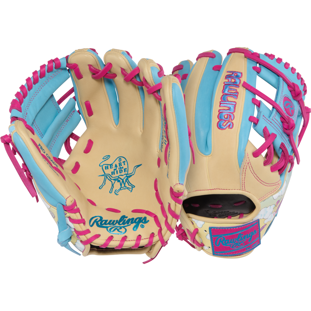 Two tan Rawlings Heart of the Hide Icon Fest 11.5" baseball gloves: one has pink and blue laces with a goat graphic and "GREATEST OF ALL TIME," while the other shows the Rawlings logo; both are made from premium steerhide leather.