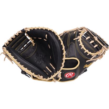 A black and tan Rawlings Heart of the Hide 34" Adley Rutschman Baseball Catcher's Mitt (PRORAR35).