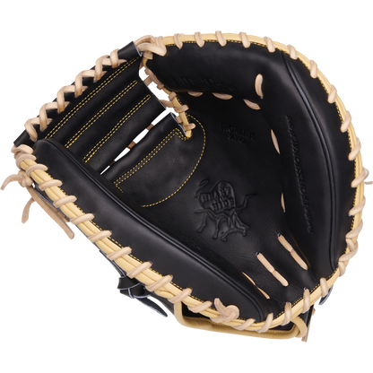 A Rawlings Heart of the Hide 34" Adley Rutschman catcher's mitt (PRORAR35) in black with light tan laces, yellow stitching, and an embossed palm logo is displayed on a plain white background.