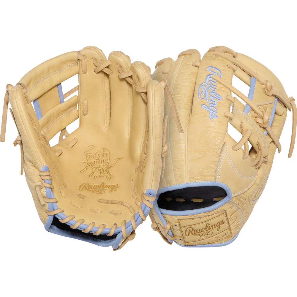 Two tan Rawlings Heart of the Hide 11.5″ Baseball Gloves (PRORB734-2XC, RGGC September 2026), featuring light blue laces and accents, are displayed from both the front and back to showcase the Rawlings brand logo and detailed stitching.