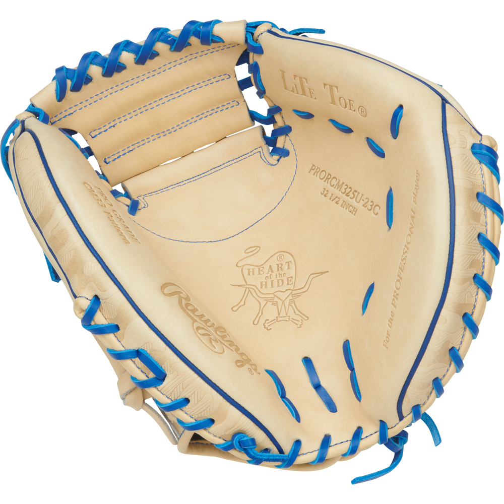 The Rawlings Heart of the Hide 32.5" Catcher's Mitt (PRORCM325U-23C) features tan leather, blue laces, a Contour Fit design, and detailed stitching and imprints for a premium look and feel.