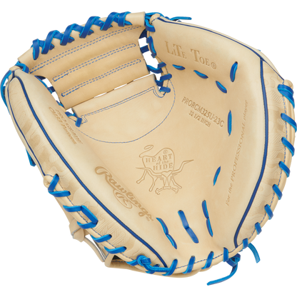 The Rawlings Heart of the Hide 32.5" Catcher's Mitt (PRORCM325U-23C) features tan leather, blue laces, a Contour Fit design, and detailed stitching and imprints for a premium look and feel.