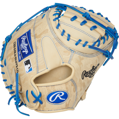 The Rawlings Heart of the Hide 32.5" Baseball Catcher's Mitt (PRORCM325U-23C) features blue straps, a secure Contour Fit, and premium on-field performance.