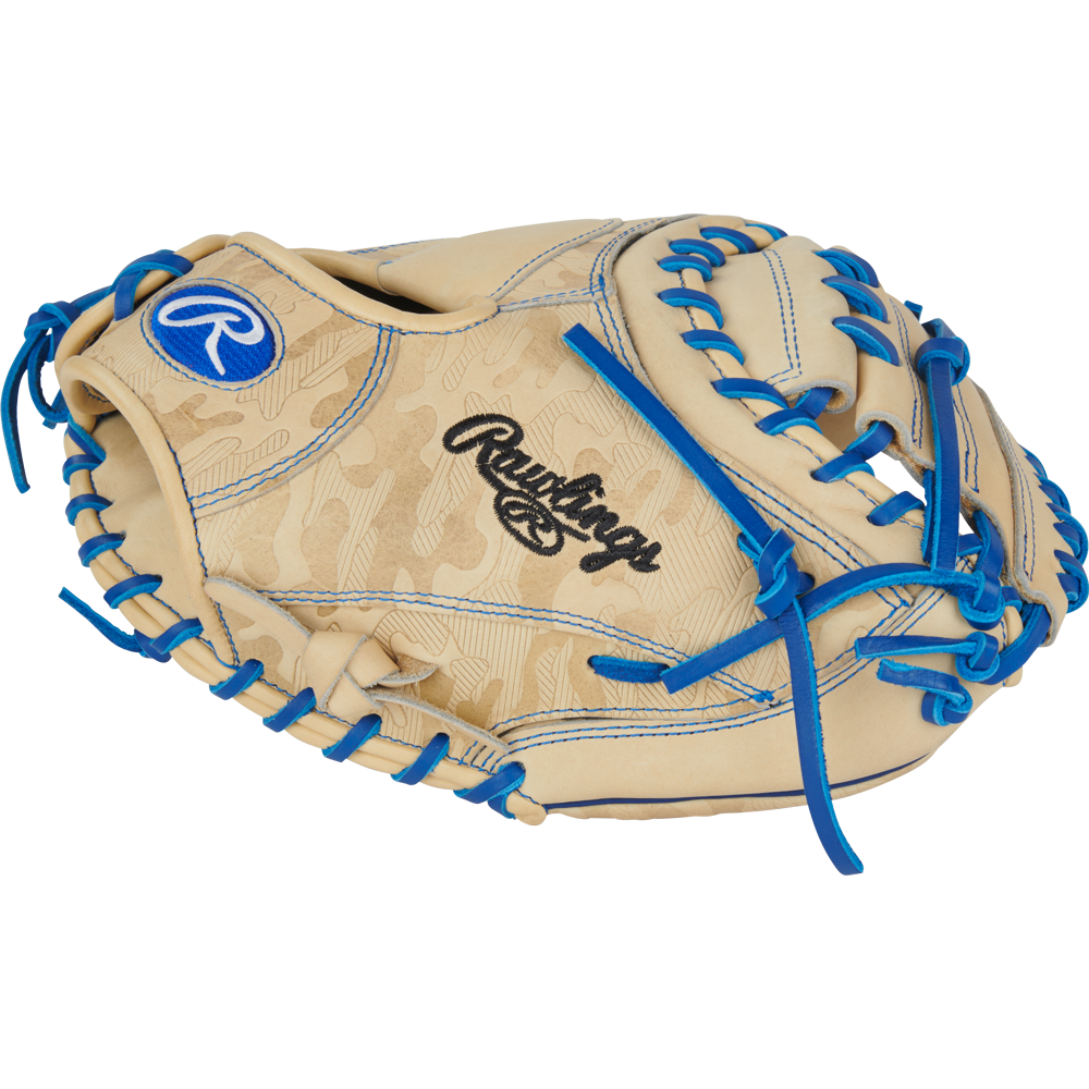 The Rawlings Heart of the Hide 32.5" Catcher's Mitt (PRORCM325U-23C) features tan leather with blue laces and stitching, Rawlings branding on the wrist and web, and Contour Fit technology, displayed against a plain white background.