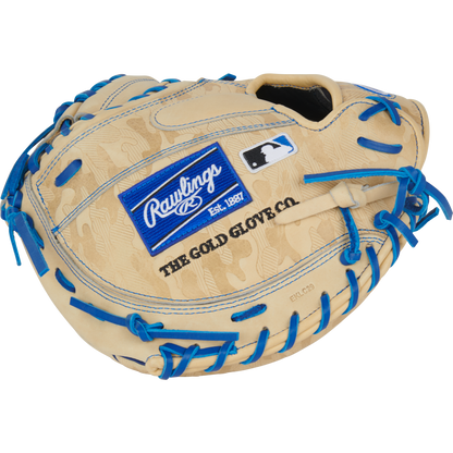 The Rawlings Heart of the Hide 32.5" Baseball Catcher's Mitt (PRORCM325U-23C) features a tan design with blue laces, Rawlings patch, The Gold Glove Co. text, and Contour Fit, displayed on a plain white background.