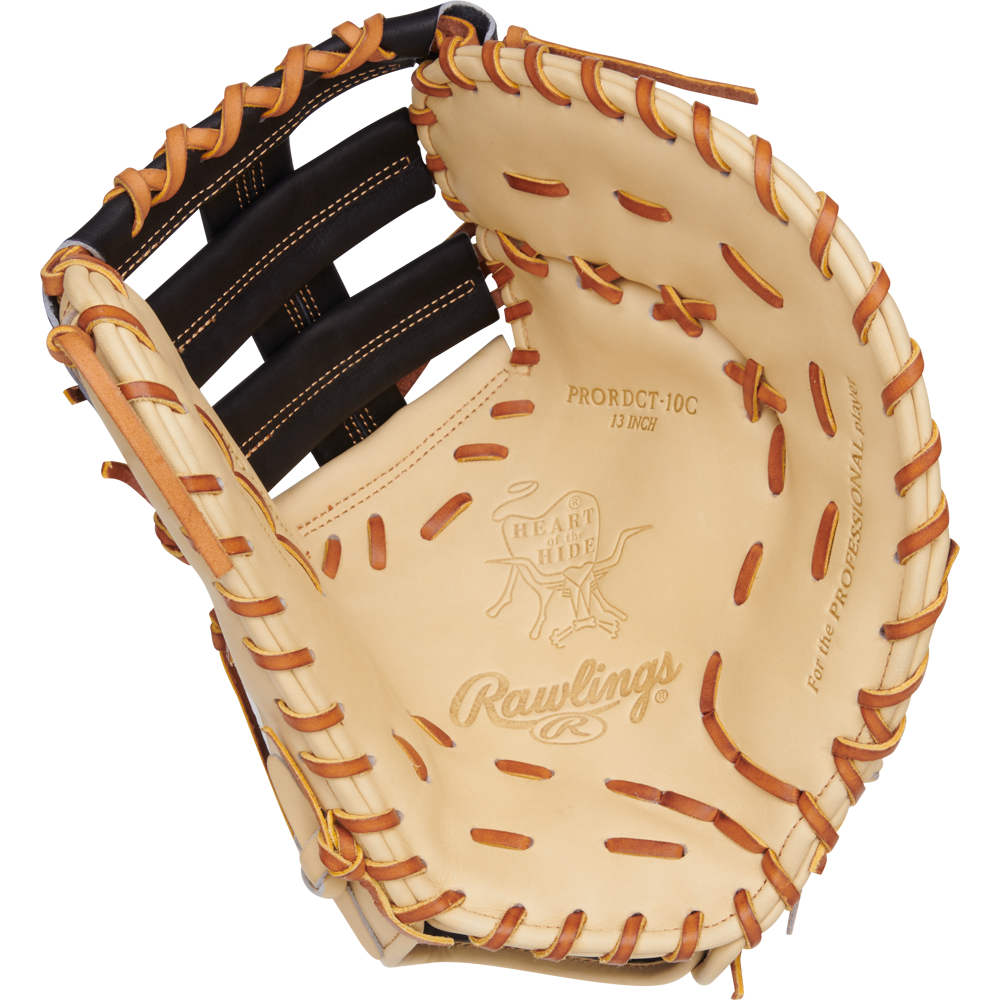 A close-up of the Rawlings Heart of the Hide 13" Baseball First Base Mitt (PRORDCT-10C), showing tan leather, brown lacing, and visible Rawlings branding inside.