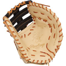 A close-up of the Rawlings Heart of the Hide 13" Baseball First Base Mitt (PRORDCT-10C), showing tan leather, brown lacing, and visible Rawlings branding inside.