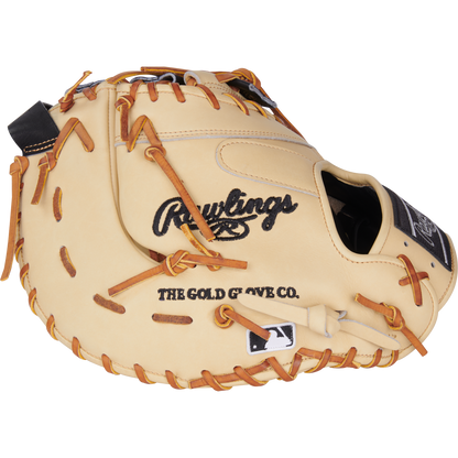 A Rawlings Heart of the Hide 13" Baseball First Base Mitt (PRORDCT-10C) in beige with brown laces, black patch, and THE GOLD GLOVE CO. label on the side is displayed on a white background.