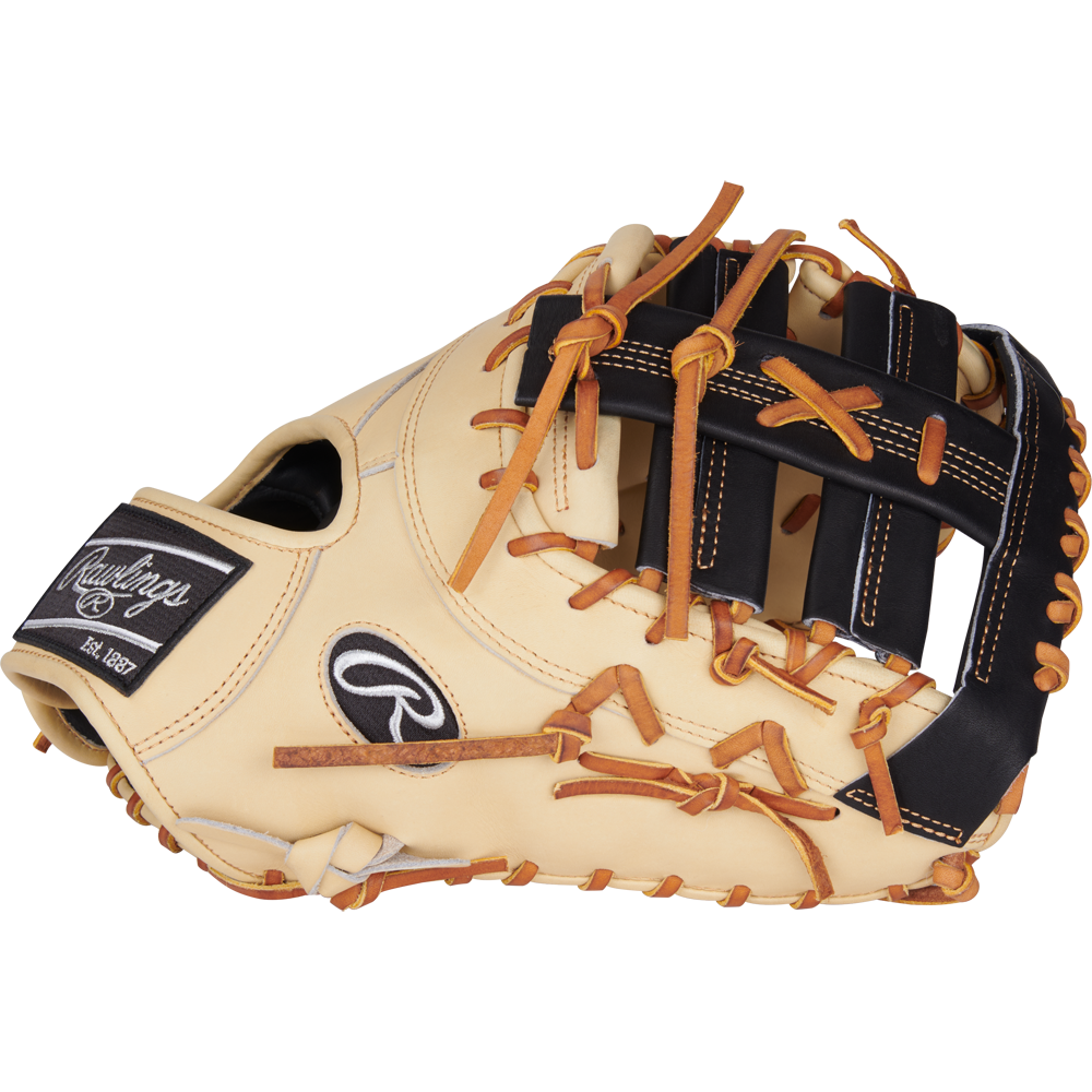 The Rawlings Heart of the Hide 13" First Base Mitt (PRORDCT-10C) features tan and black leather with brown laces and visible stitching, displayed against a white background.