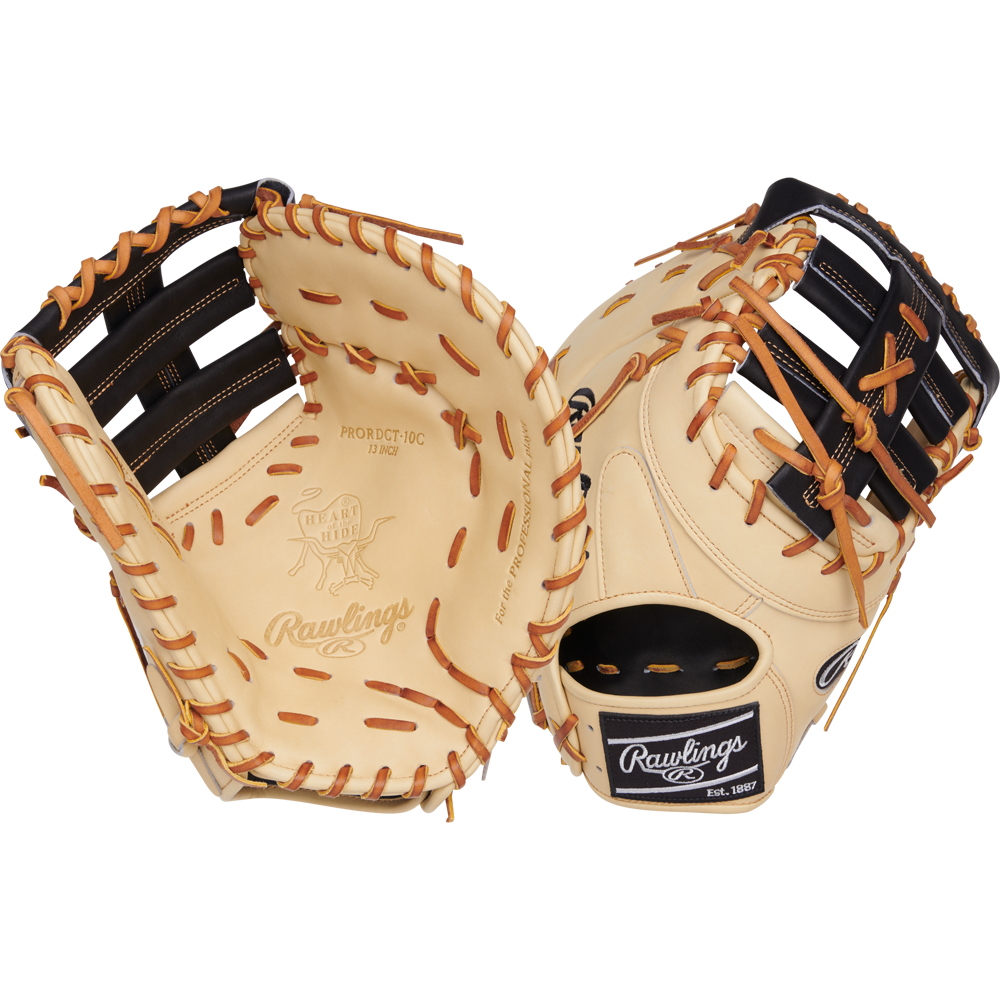 The Rawlings Heart of the Hide 13" Baseball First Base Mitt (PRORDCT-10C) offers premium stitching for superior performance.