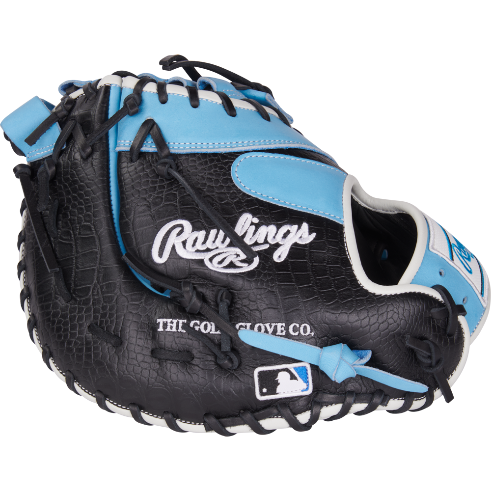 A black and blue Rawlings Heart of the Hide 13" First Base Mitt (PRORDCT-10CB).