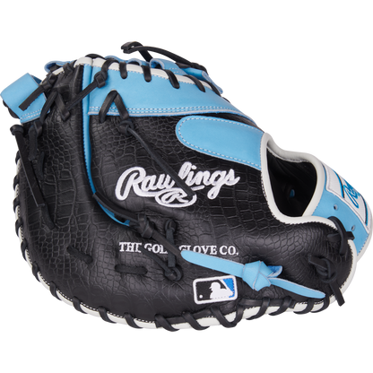 A black and blue Rawlings Heart of the Hide 13" First Base Mitt (PRORDCT-10CB).