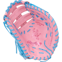 The Rawlings Heart of the Hide 12.25" First Base Mitt (PRORDCTU-10PCB) features a pink design with blue lacing, ContoUR Fit, and embossed logos on the palm—combining standout style and renowned Rawlings performance.