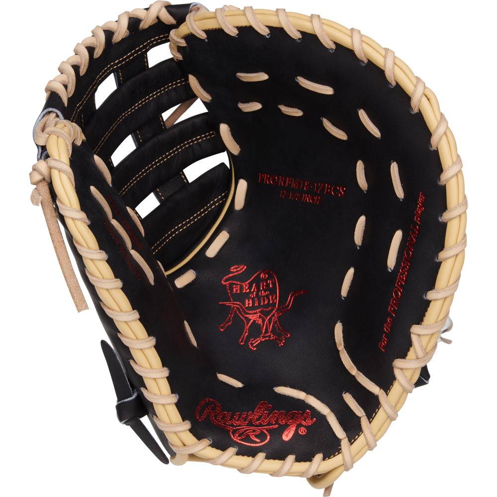 The Rawlings Heart of the Hide 12.5" First Base Mitt (PRORFM18-17BCS) features classic white and tan stitching for both style and performance on the field.
