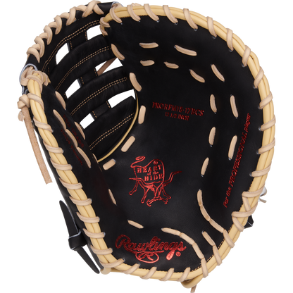 The Rawlings Heart of the Hide 12.5" First Base Mitt (PRORFM18-17BCS) features classic white and tan stitching for both style and performance on the field.