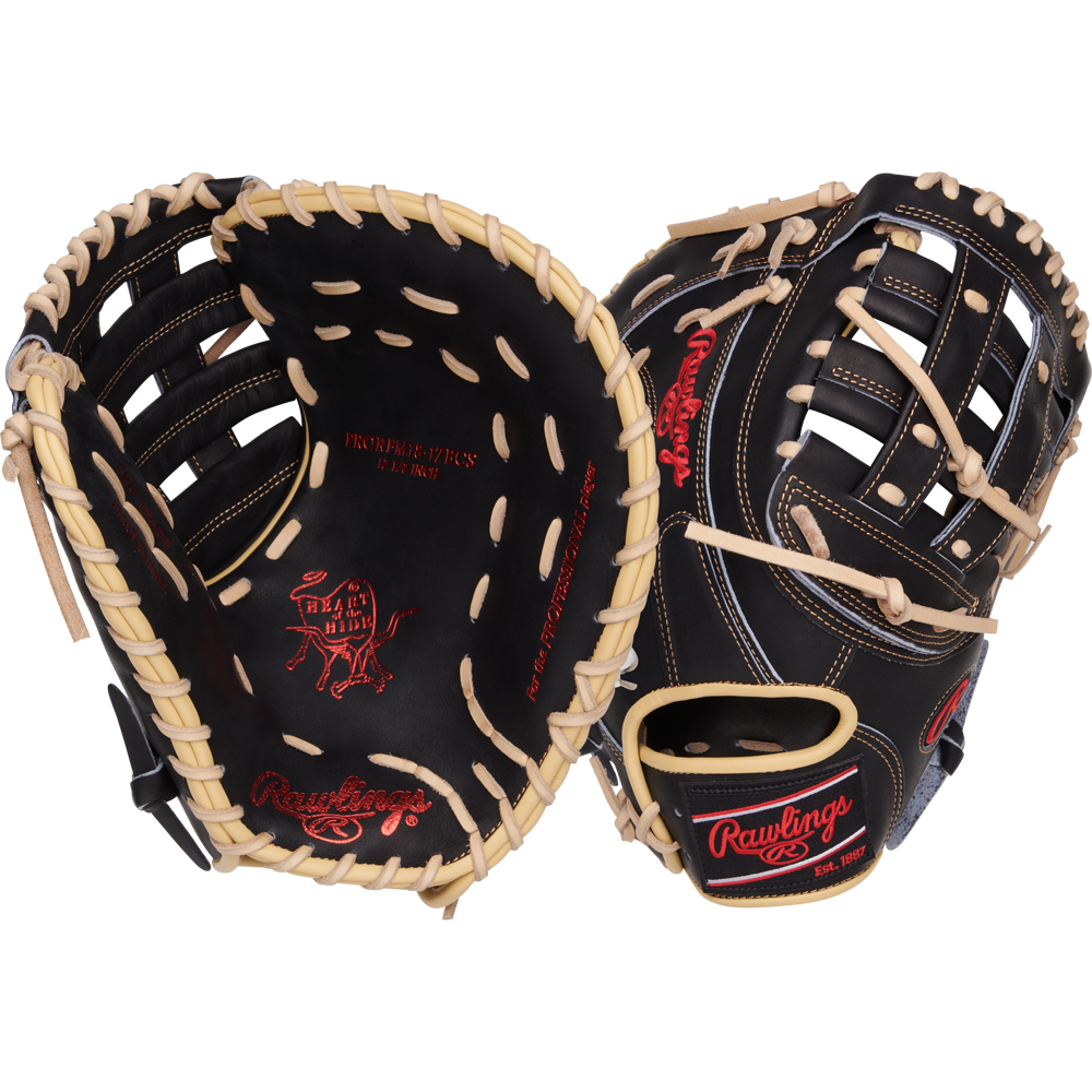 Two Rawlings Heart of the Hide 12.5" First Base Mitts (PRORFM18-17BCS) in black with tan laces are shown: one palm-up, one back view, displaying the Rawlings logo and Heart of the Hide patch—top-tier mitts for serious players.