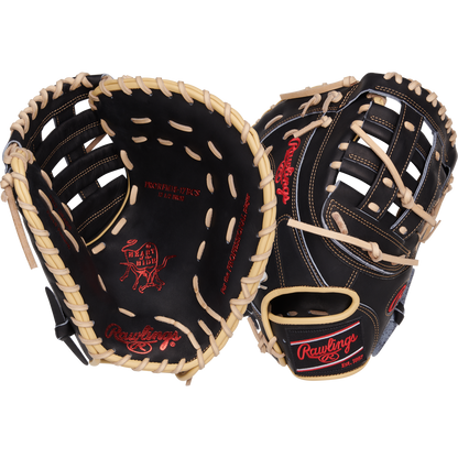 Two Rawlings Heart of the Hide 12.5" First Base Mitts (PRORFM18-17BCS) in black with tan laces are shown: one palm-up, one back view, displaying the Rawlings logo and Heart of the Hide patch—top-tier mitts for serious players.