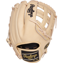 The Rawlings Heart of the Hide 12.25" Baseball Glove (PRORKB17C) features tan leather, black and gold branding on the wrist strap and back, a partially open web, and tan stitching.