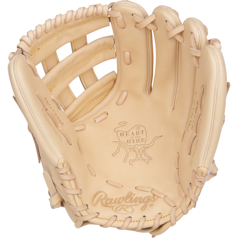 A tan Rawlings Heart of the Hide 12.25" Baseball Glove (PRORKB17C) features an open webbed pocket, detailed lacing, and the embossed “Heart of the Hide” logo—crafted just like a Kris Bryant model.