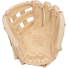 A tan Rawlings Heart of the Hide 12.25" Baseball Glove (PRORKB17C) features an open webbed pocket, detailed lacing, and the embossed “Heart of the Hide” logo—crafted just like a Kris Bryant model.