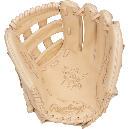A tan Rawlings Heart of the Hide 12.25" Baseball Glove (PRORKB17C) features an open webbed pocket, detailed lacing, and the embossed “Heart of the Hide” logo—crafted just like a Kris Bryant model.