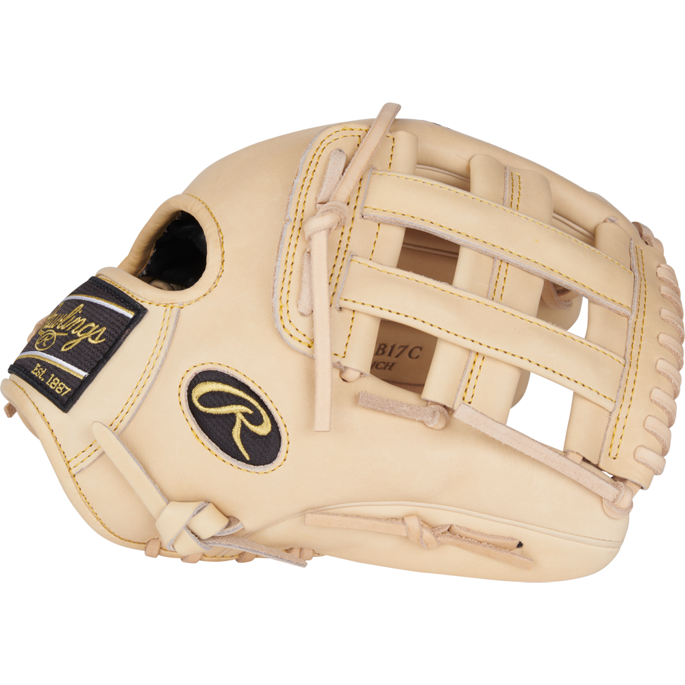 The Rawlings Heart of the Hide 12.25" Baseball Glove (PRORKB17C) features tan leather, yellow stitching, black logo patches, open web design, and lacing details—crafted in the style of Kris Bryant’s glove.