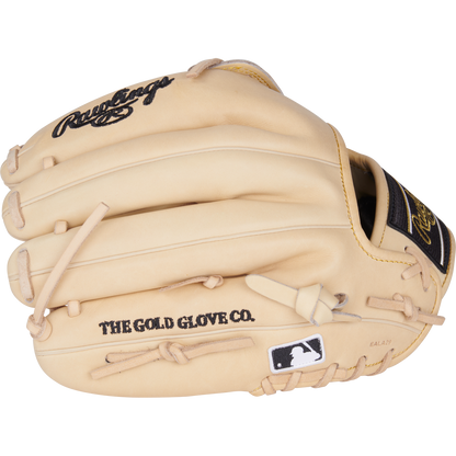 A tan Rawlings Heart of the Hide 12.25" Baseball Glove (PRORKB17C), inspired by Kris Bryant, features black Rawlings branding, "THE GOLD GLOVE CO." text, and an MLB logo patch on the wrist strap, shown on a white background.