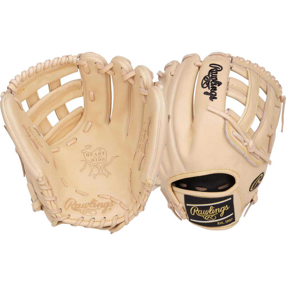 Two tan Rawlings Heart of the Hide 12.25" Baseball Gloves (PRORKB17C) are shown side by side, displaying both palm and back views, with black and gold Rawlings logos and intricate lacing.