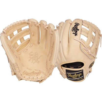 Two tan Rawlings Heart of the Hide 12.25" Baseball Gloves (PRORKB17C) are shown side by side, displaying both palm and back views, with black and gold Rawlings logos and intricate lacing.
