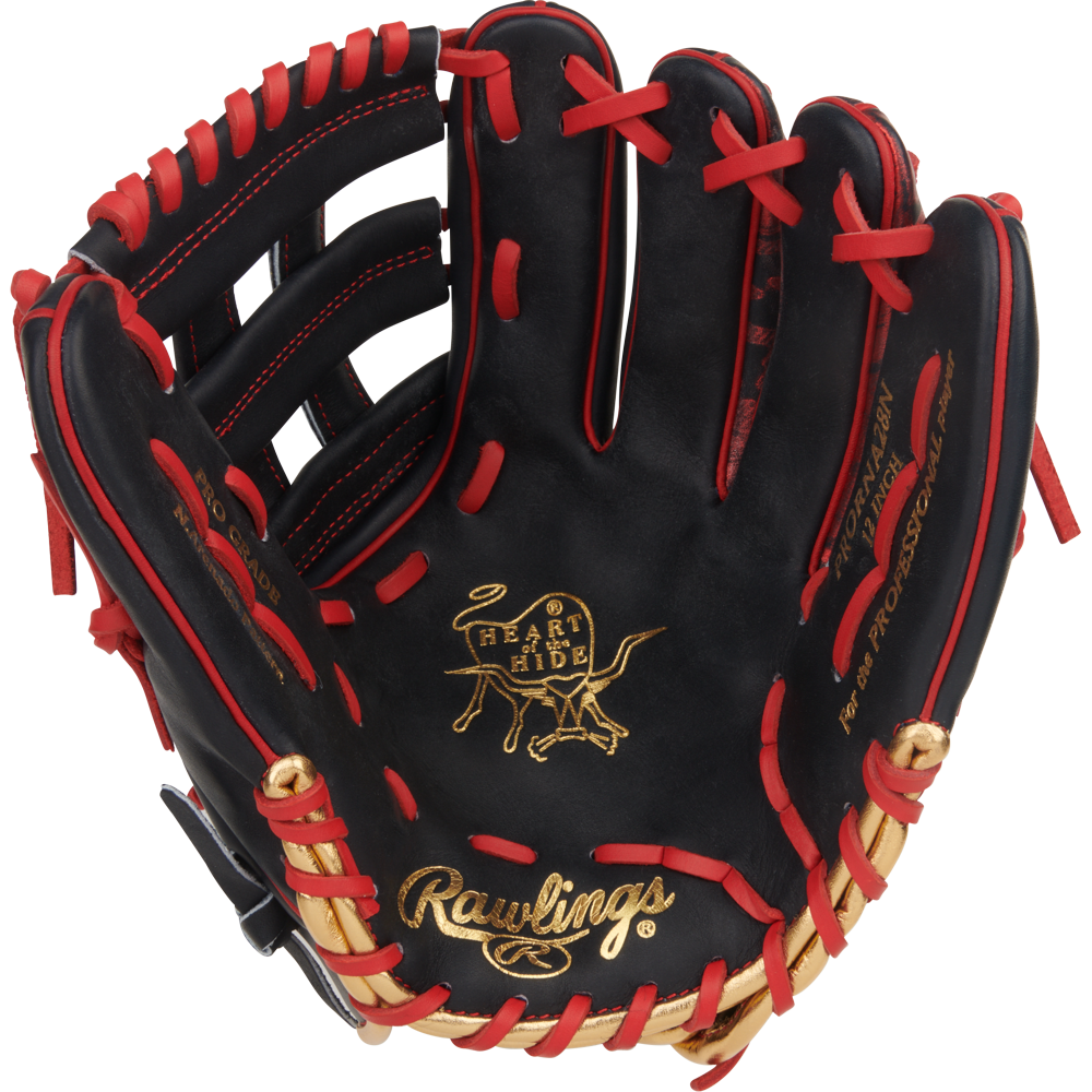 A black Rawlings Heart of the Hide 12" Nolan Arenado Game Model glove (PRORNA28N) with red lacing, gold stitching, and “Heart of the Hide” and “Rawlings” logos on the palm. The open glove displays its interior details.