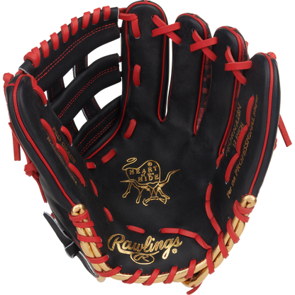A black Rawlings Heart of the Hide 12" Nolan Arenado Game Model glove (PRORNA28N) with red lacing, gold stitching, and “Heart of the Hide” and “Rawlings” logos on the palm. The open glove displays its interior details.