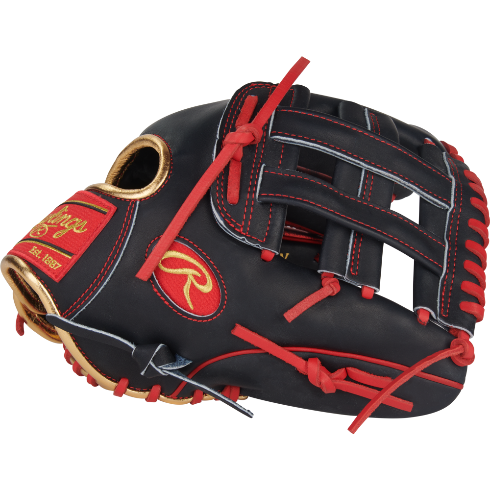 A black Rawlings Heart of the Hide 12" Nolan Arenado Game Model (PRORNA28N) baseball glove with red laces, gold trim, and the Rawlings logo patch is displayed against a white background.