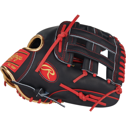 A black Rawlings Heart of the Hide 12" Nolan Arenado Game Model (PRORNA28N) baseball glove with red laces, gold trim, and the Rawlings logo patch is displayed against a white background.