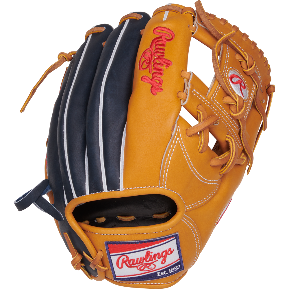 The Rawlings Heart of the Hide 11.5" Baseball Glove (PRORNP4-2TN) features a tan and black design, red stitching, white lacing, Pro-I web, and Rawlings logos on the thumb and wrist strap, shown on a white background.