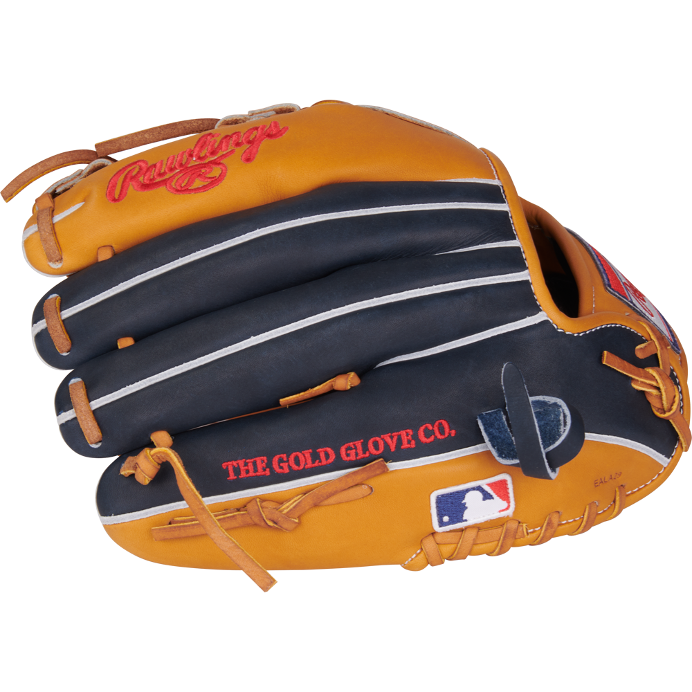The Rawlings Heart of the Hide 11.5" Baseball Glove (PRORNP4-2TN) features tan and black leather, red stitching, a Pro-I web, and The Gold Glove Co. and MLB logos on the side.