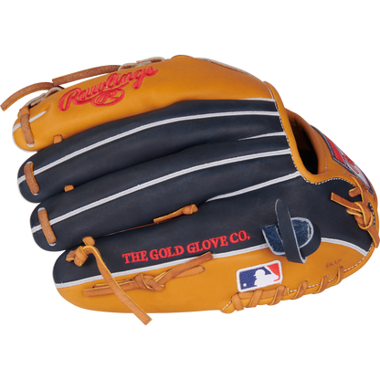 The Rawlings Heart of the Hide 11.5" Baseball Glove (PRORNP4-2TN) features tan and black leather, red stitching, a Pro-I web, and The Gold Glove Co. and MLB logos on the side.