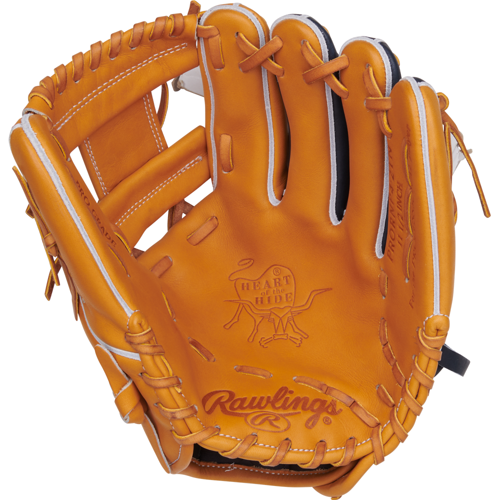 The Rawlings Heart of the Hide 11.5" Baseball Glove (PRORNP4-2TN) features a tan design with white accents, classic Pro-I web for infielders, detailed edge stitching, and the iconic Heart of the Hide logo in the palm.